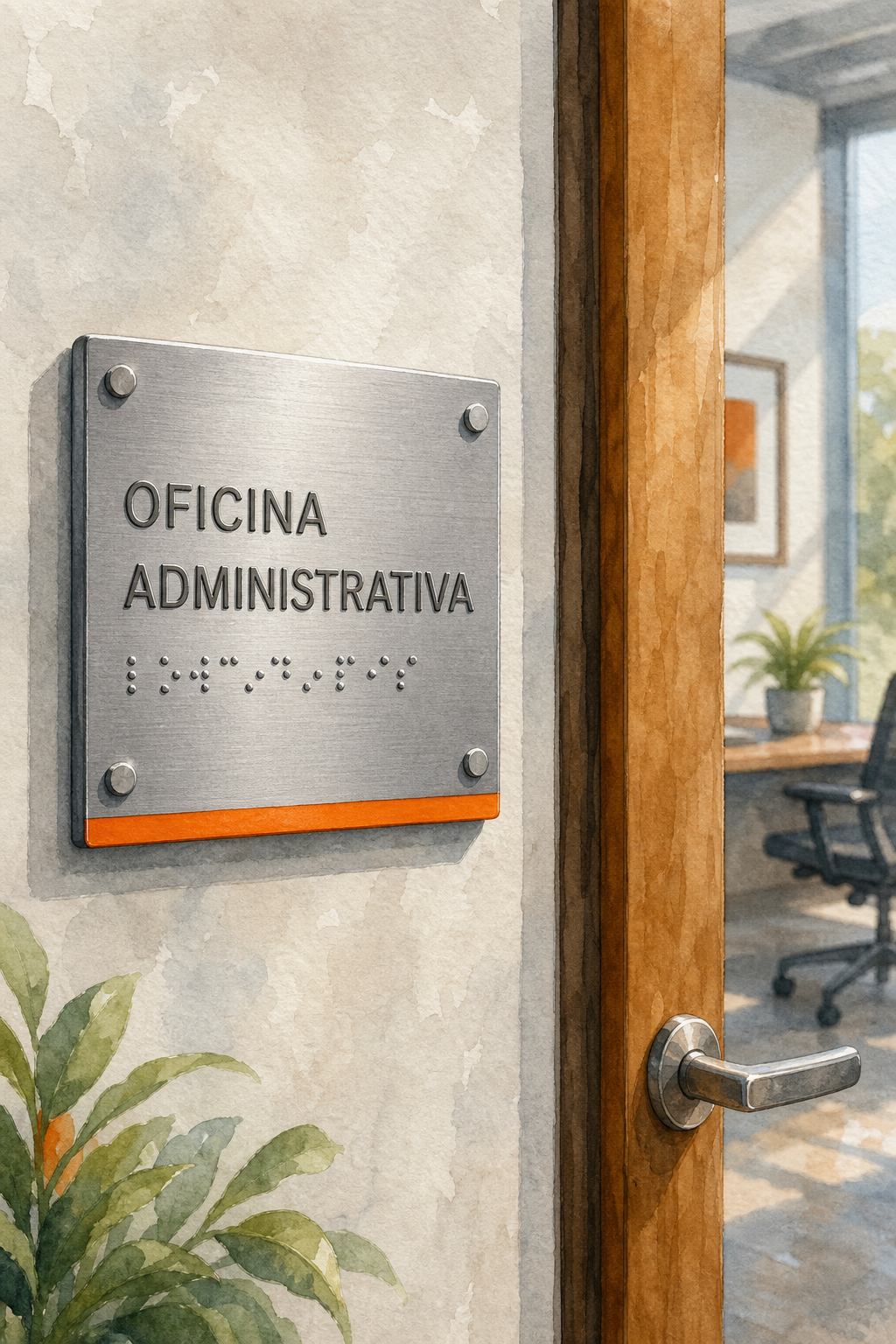 Acuarela que muestra una placa táctil con texto en relieve y Braille instalada en una pared junto a una puerta, con colores suaves y luz natural. Alt: Placa de señalética Braille en una puerta de oficina.