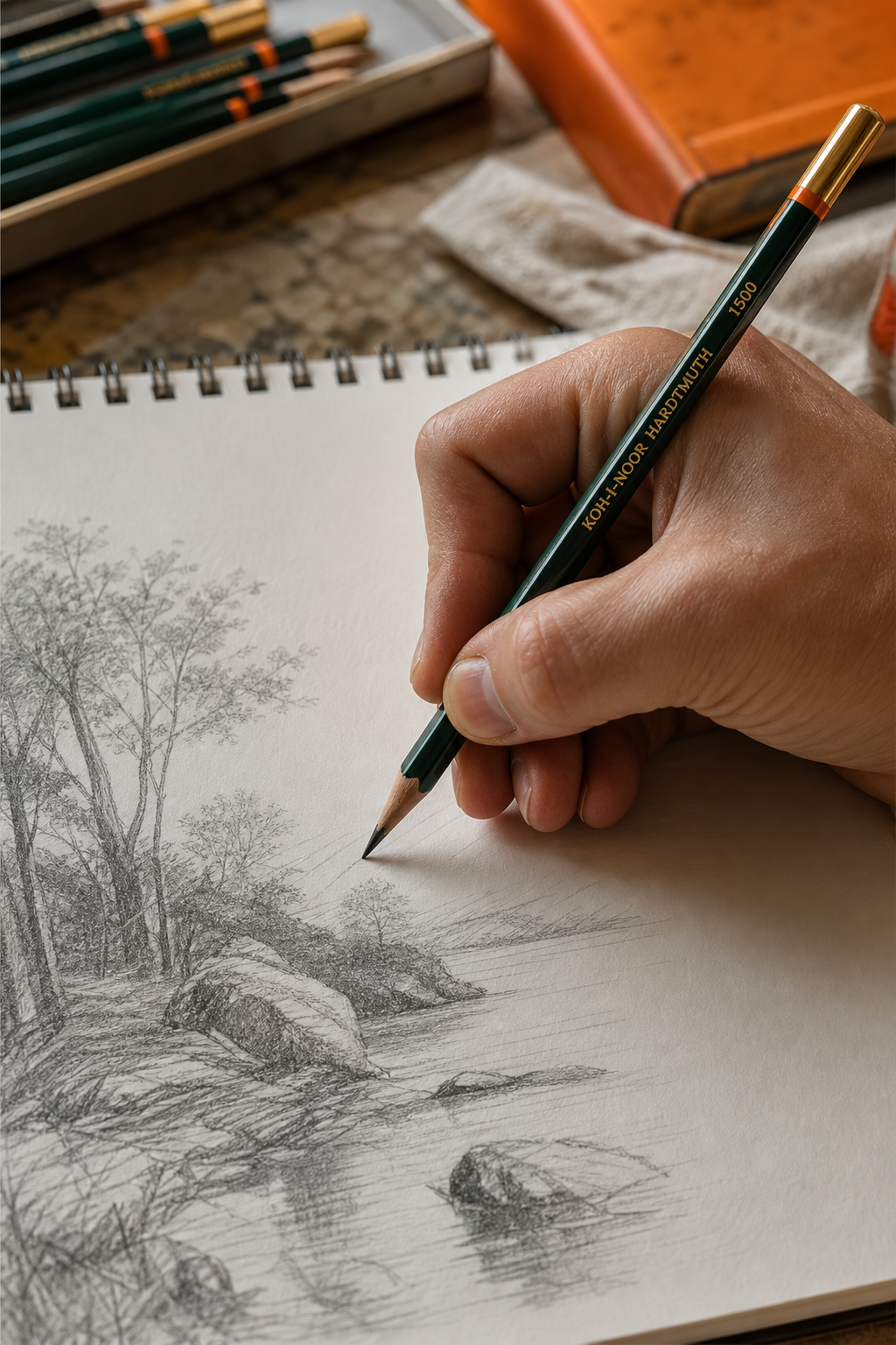 A close-up shot of an artist's hand holding a premium graphite pencil, drawing fine lines on a sketchpad under natural light. The green and gold barrel is visible. Alt: Artist sketching with premium graphite pencil.
