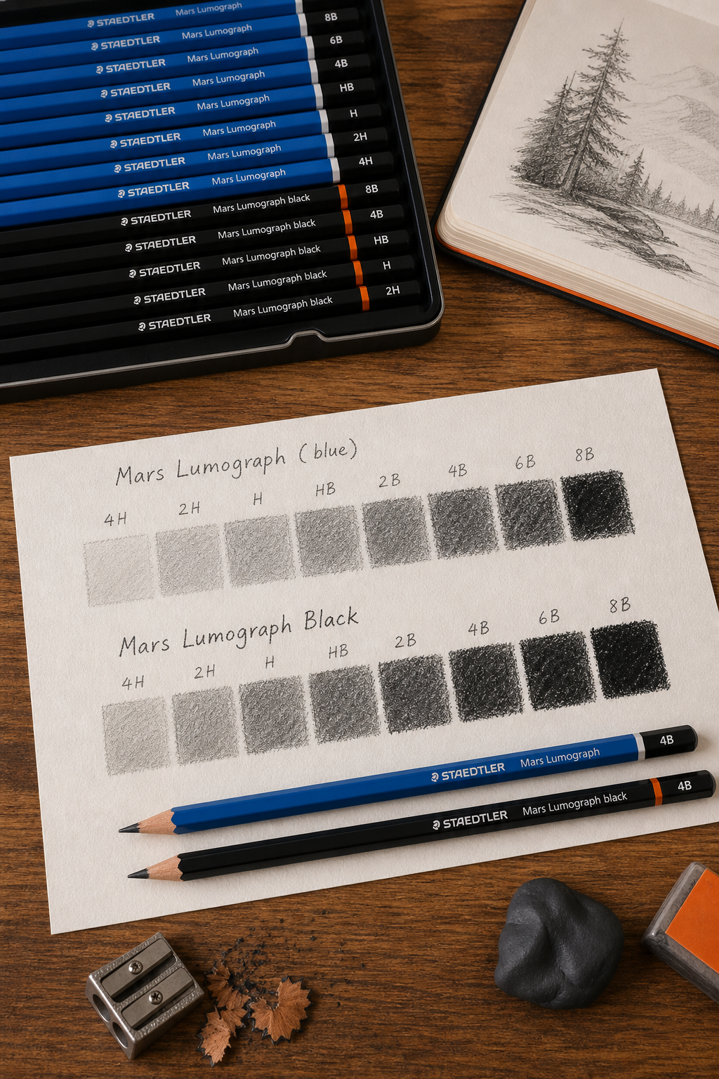 A side-by-side comparison of Mars Lumograph standard (blue) and Lumograph Black (black) pencils on a wooden desk, with a swatch test showing gradation from light to dark. Alt: Mars Lumograph and Lumograph Black pencils with shade gradient.