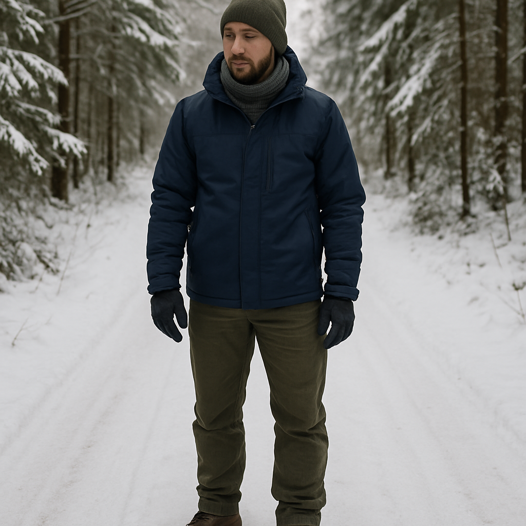 En person i vinterkläder står på en snötäckt skogsstig, bär breda kängor med en tydlig, rymlig tåbox. Alt: bred tåbox vinterkängor herr.