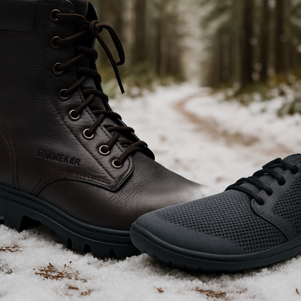 En närbild av en samelin-känga i mörkt läder bredvid en lätt, flexibel barfotasko med mesh-överdel på en snötäckt skogsstig. Alt: Material och konstruktion samelin vs barefoot för breda herrskor.