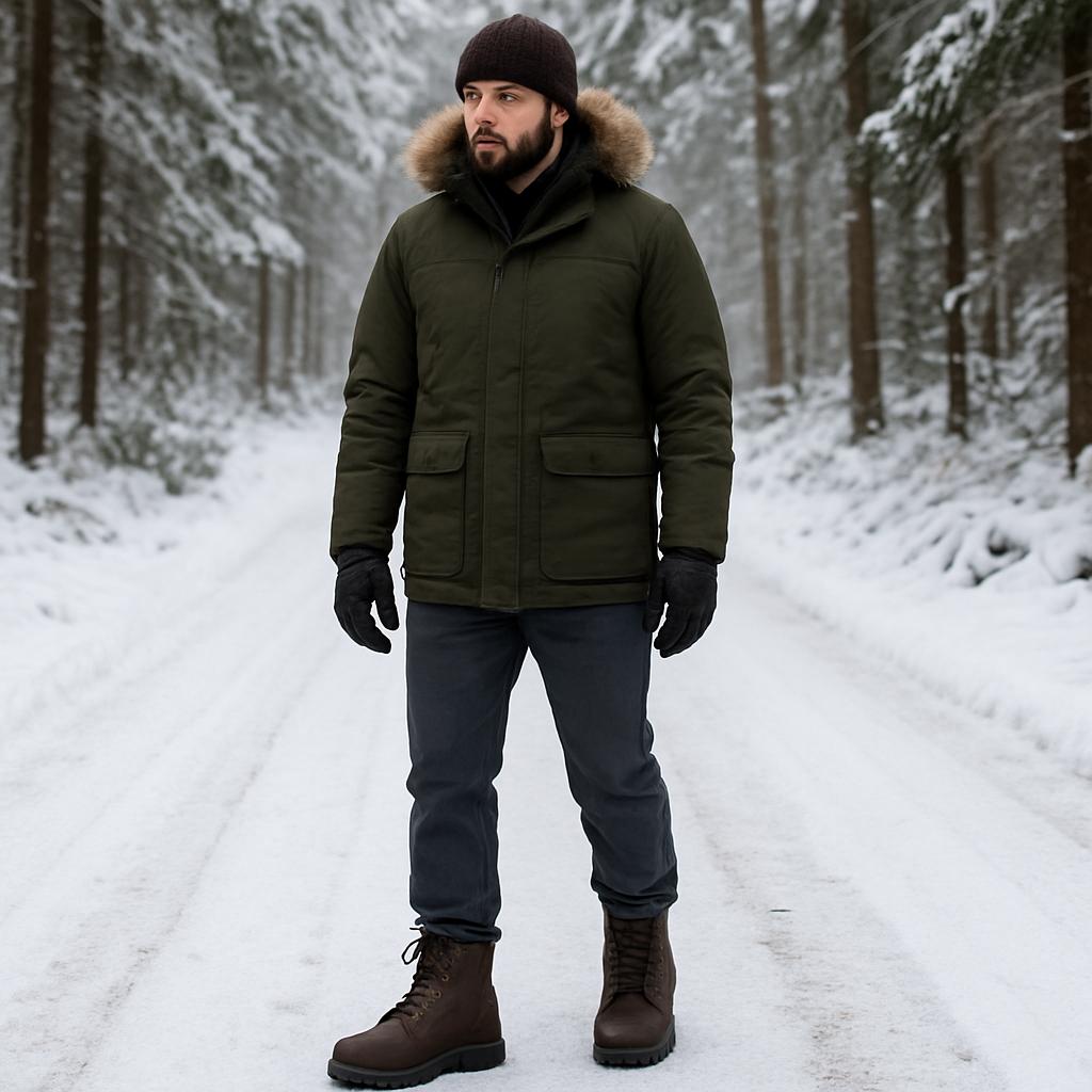 En man i vinterkläder står på en snötäckt skogsväg med en Samelin Wide‑Toe Winter Boot tydligt synlig, fokuserad på bredden i tåboxen och det robusta sulmönstret. Alt: Samelin stövlar för plattfot – bred tåbox, vattentätt membran och grepp på snö och asfalt.