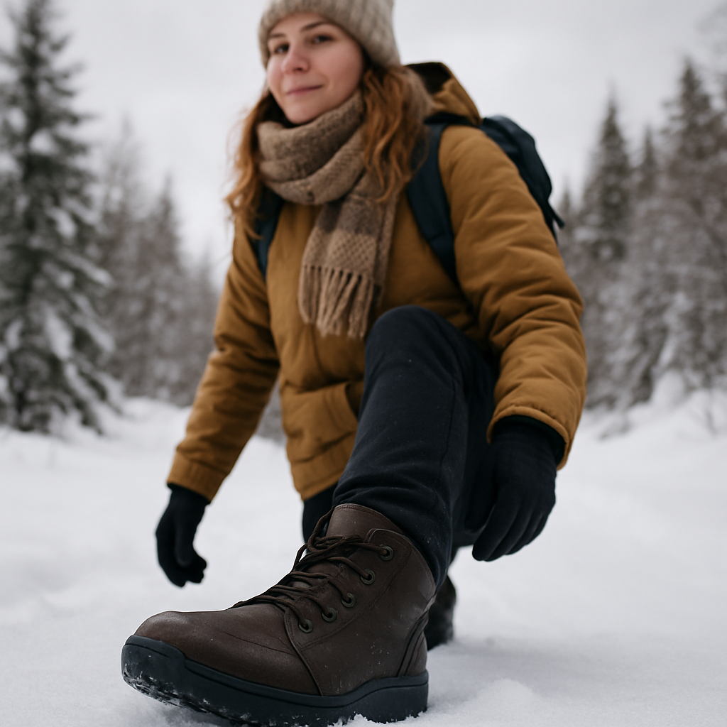 En kvinna i vinterkläder som vandrar i snö med breda, vattentäta skor som har en tydlig bred tåbox, foten visas i närbild för att framhäva komforten. Alt: Skor hallux valgus dam med bred tåbox och vattentät design.