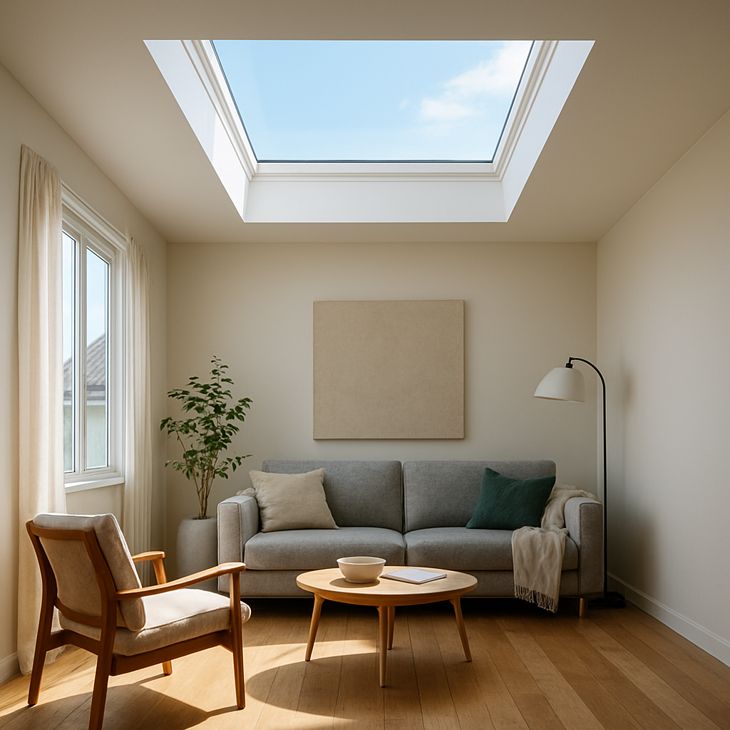 A photorealistic view of a bright living room with a large north‑facing skylight, soft daylight spilling onto a wooden floor, modern furniture, and a glimpse of a Virginia Beach roof line through the opening. Alt: Skylight assessment and natural light integration in a home.