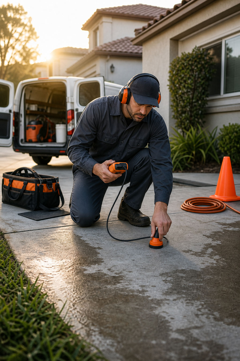 A realistic scene of a plumber using a handheld acoustic leak detector on a concrete slab in a suburban home, early morning light, tools and safety gear visible. Alt: Emergency slab leak response