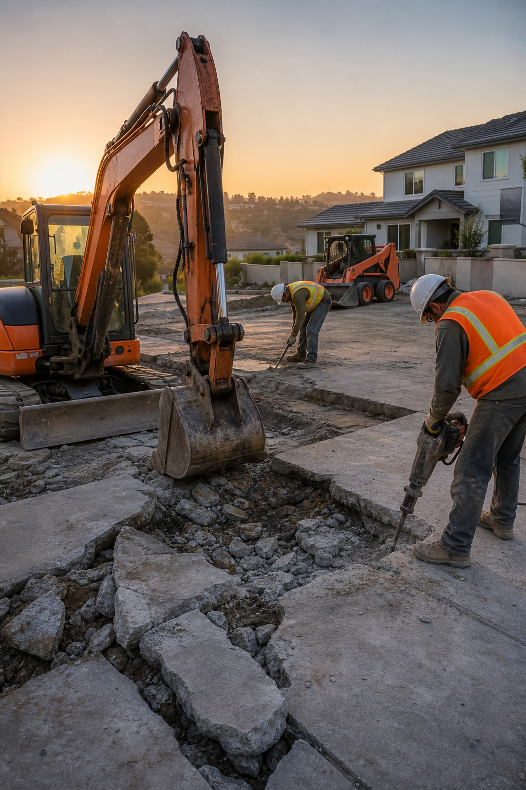A realistic photo of a crew excavating a concrete slab, heavy equipment on site, workers in safety gear, sunrise over a suburban neighborhood. Alt: Lake Forest full slab replacement