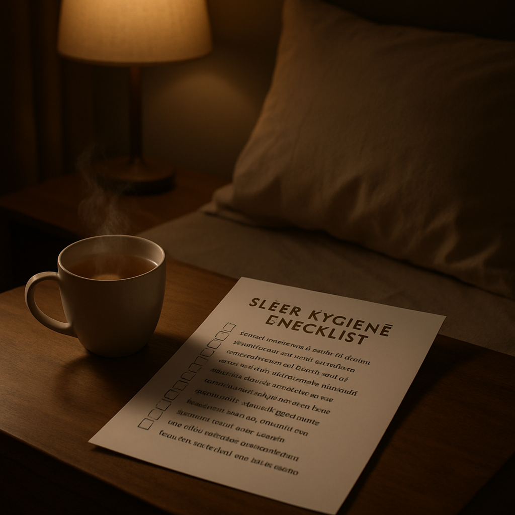 A calm bedroom scene with soft lighting, a printed sleep checklist on the nightstand, and a cup of herbal tea steaming nearby. Alt: Sleep hygiene checklist pdf bedside routine for clinicians.