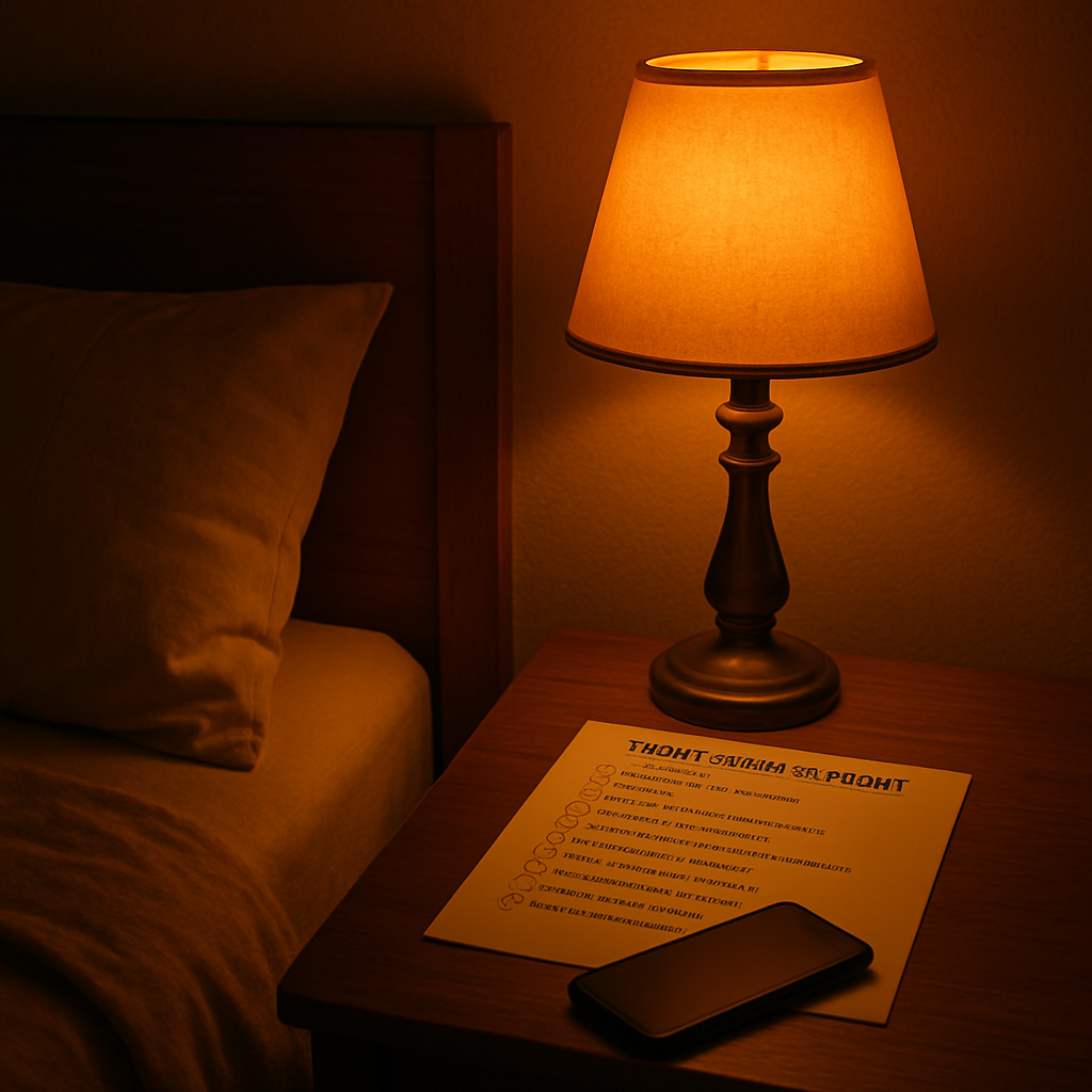A cozy bedroom with a warm amber bedside lamp, a phone placed face‑down, and a printed sleep hygiene checklist on the nightstand. Alt: Manage light exposure for better sleep.