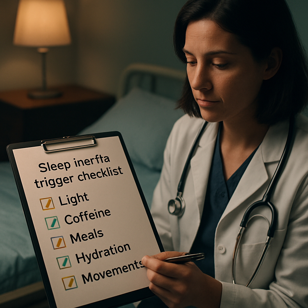A clinician sitting at a bedside table with a checklist of sleep inertia triggers (light, caffeine, meals, hydration, movement) highlighted in soft pastel colors. Alt: Sleep inertia trigger checklist for healthcare professionals