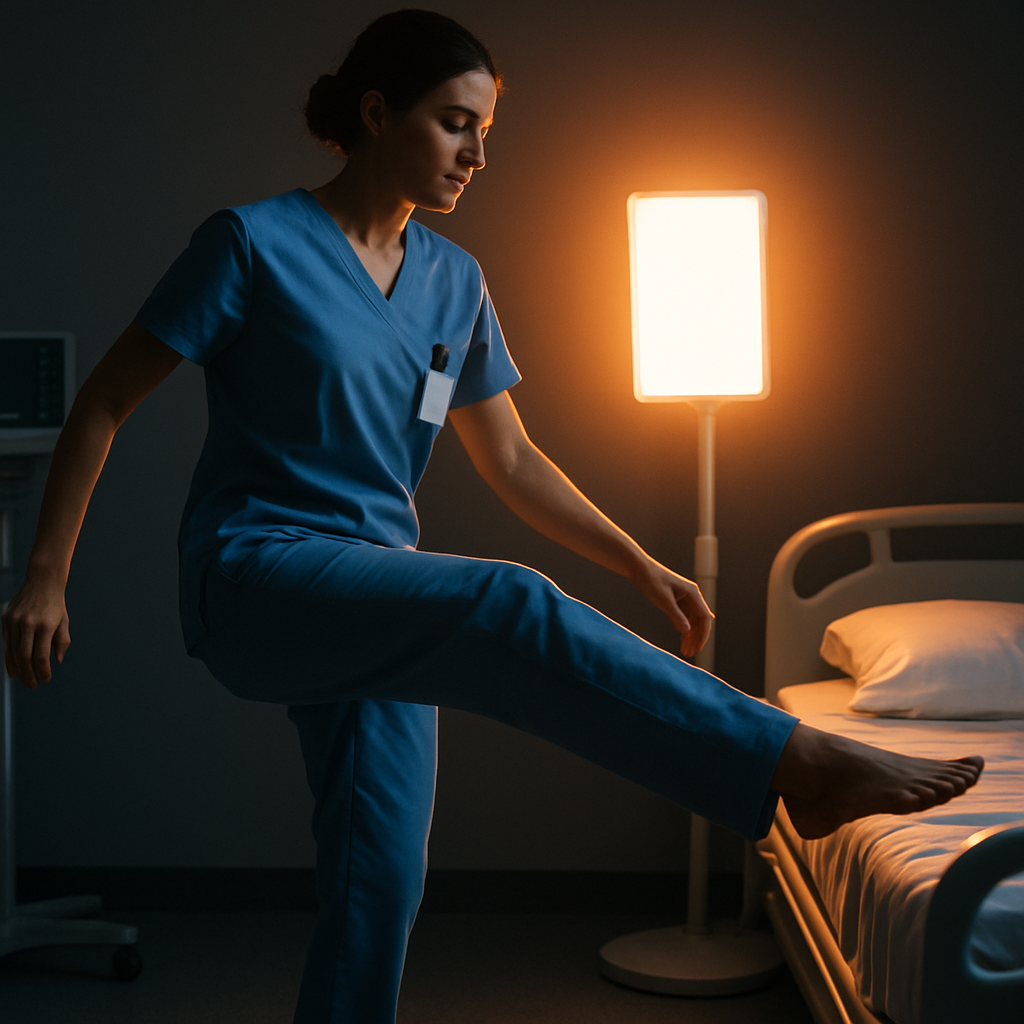 A clinician standing beside a hospital bed, performing quick leg swings with a light therapy lamp glowing in the background. Alt: Short‑term physical activation to overcome sleep inertia for healthcare workers.