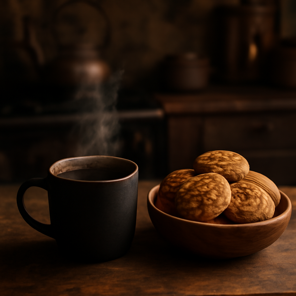 A cozy kitchen setting with a steaming cup of dark roast coffee beside a wooden bowl of pumpkin spice cookies. Alt: Dark roast coffee paired with pumpkin spice cookies in a rustic kitchen.