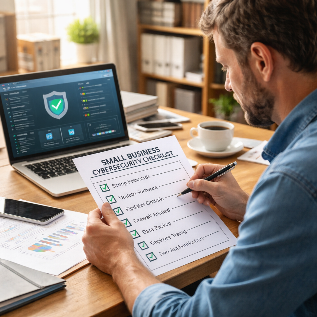 A photorealistic scene of a small business owner sitting at a desk, reviewing a printed checklist of cybersecurity items, with a laptop open to a security dashboard, realistic lighting, realistic office setting. Alt: small business cybersecurity checklist visual guide.