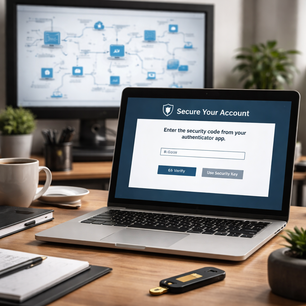 A photorealistic scene of a small business office with a laptop showing a MFA prompt, a YubiKey on the desk, and a network diagram on a screen in the background. Alt: Small business cybersecurity checklist MFA and access control illustration.