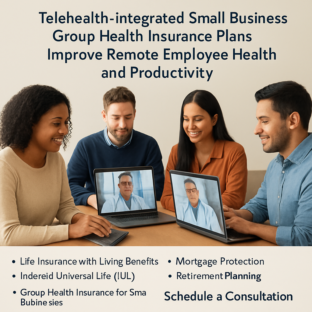 A diverse remote team gathered around laptops, each with a video call window showing a doctor on screen. Alt: Telehealth‑integrated small business group health insurance plans improve remote employee health and productivity.