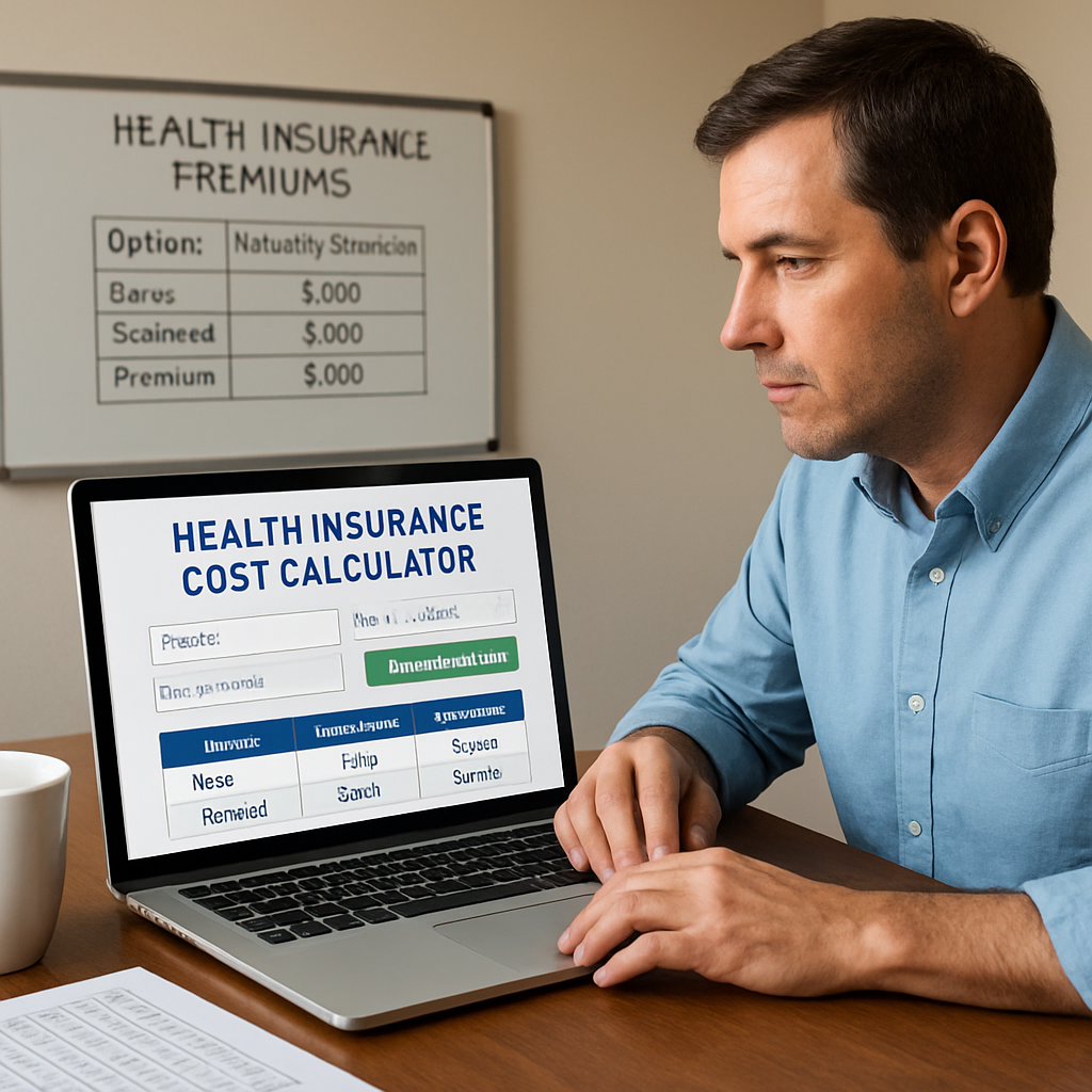 A photorealistic scene of a small‑business owner at a desk, laptop open to a health insurance cost calculator dashboard, coffee mug beside a stack of employee spreadsheets, whiteboard in the background showing a simple table of premium scenarios. Alt: Small business health insurance cost calculator in action, realistic style.