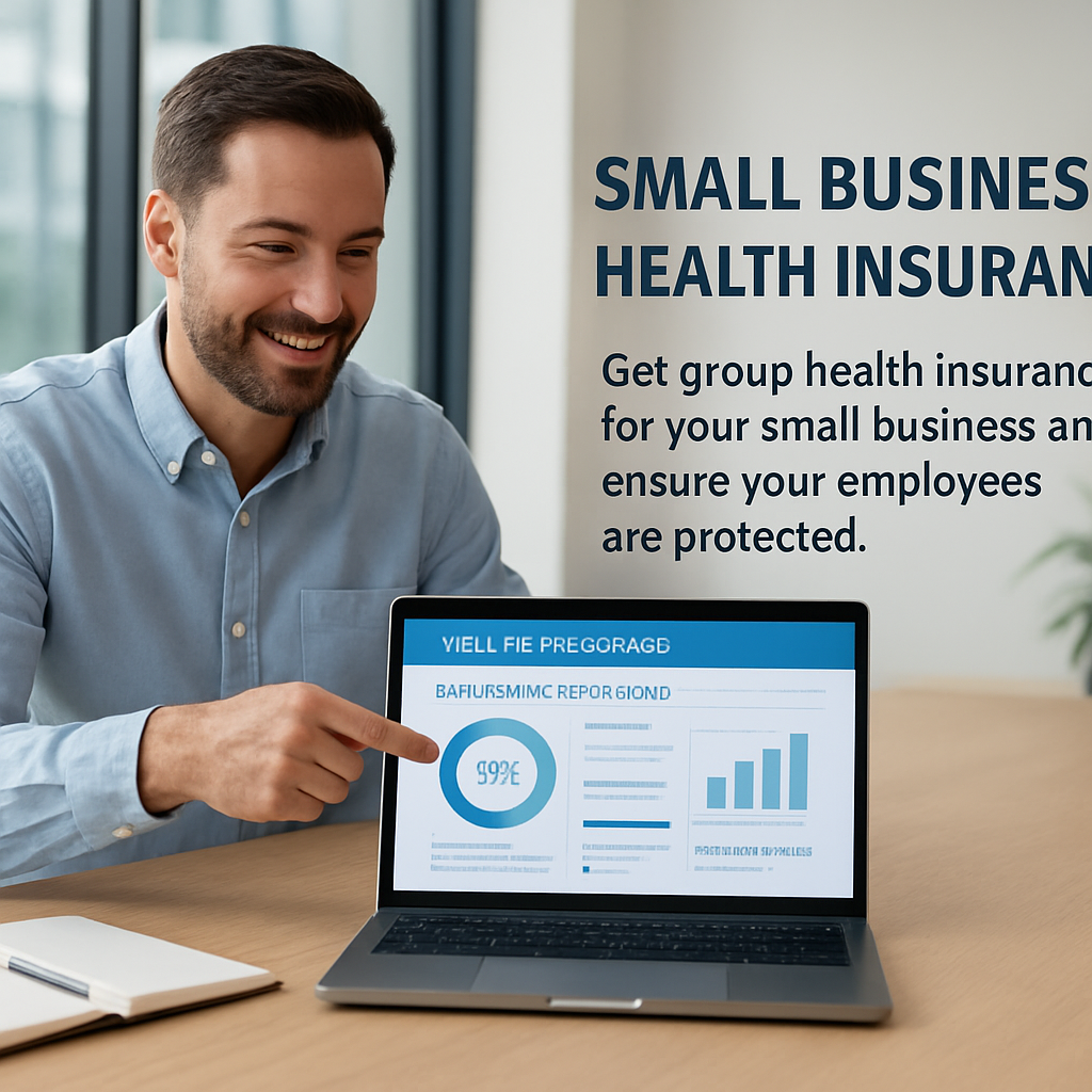 A bright, modern office meeting room with a small business owner pointing at a laptop screen displaying a health insurance enrollment dashboard. Alt: small business health insurance costs per employee implementation guide visual