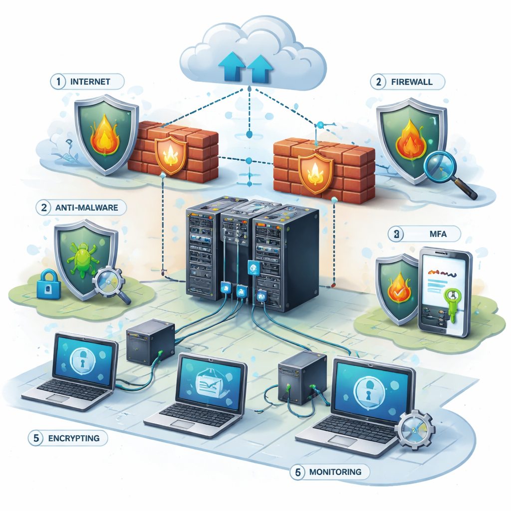A realistic office scene showing a small business owner looking at a laptop while a friendly IT technician monitors a screen filled with graphs and alerts. Alt: small business IT support services monitoring dashboard