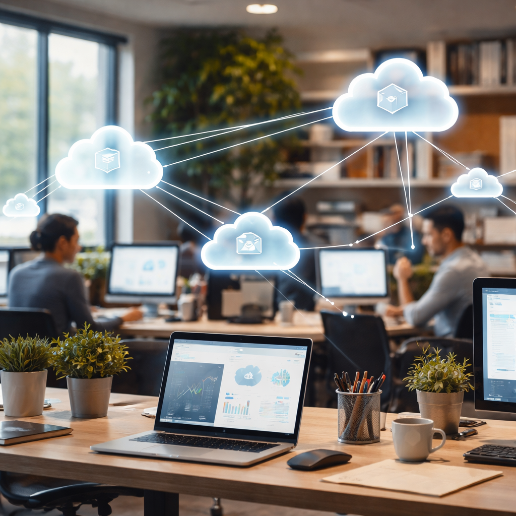 A realistic illustration of a small office network with firewalls, encrypted laptops, and a shield icon representing ransomware protection. Alt: ransomware protection in small business IT support services