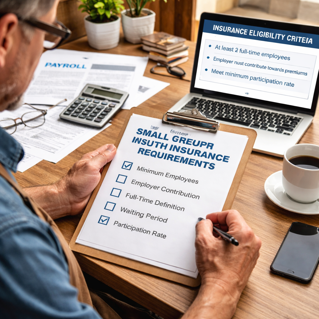 A photorealistic scene of a small business owner reviewing a checklist on a desk, with payroll papers, a laptop showing insurance eligibility criteria, and a cup of coffee. Alt: Small group health insurance requirements checklist illustration.