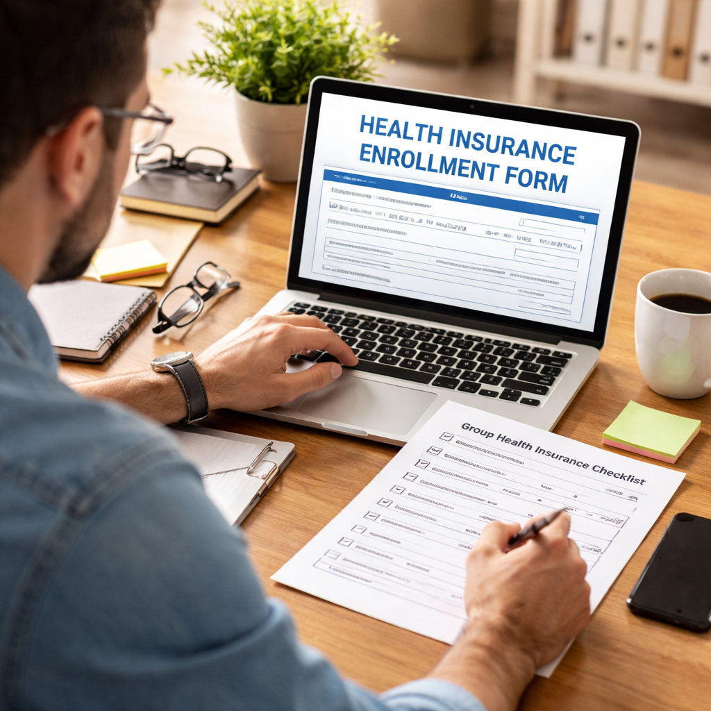 A photorealistic office scene showing a small business owner reviewing a health insurance enrollment form on a laptop, with a checklist beside it and a cup of coffee. Alt: Small business owner completing enrollment paperwork for group health insurance requirements.