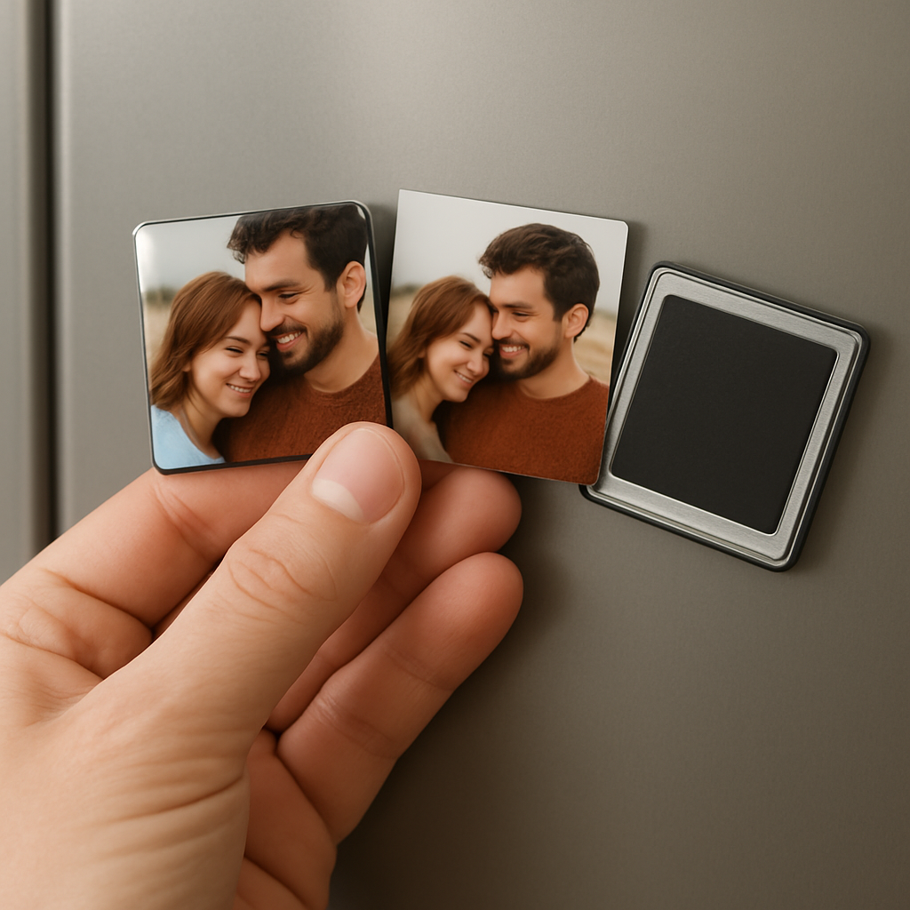 A close-up of a hand holding small square photo magnets on a fridge, showing the material choices like glossy, matte, and metal backings. Alt: small photo magnets materials and finishes