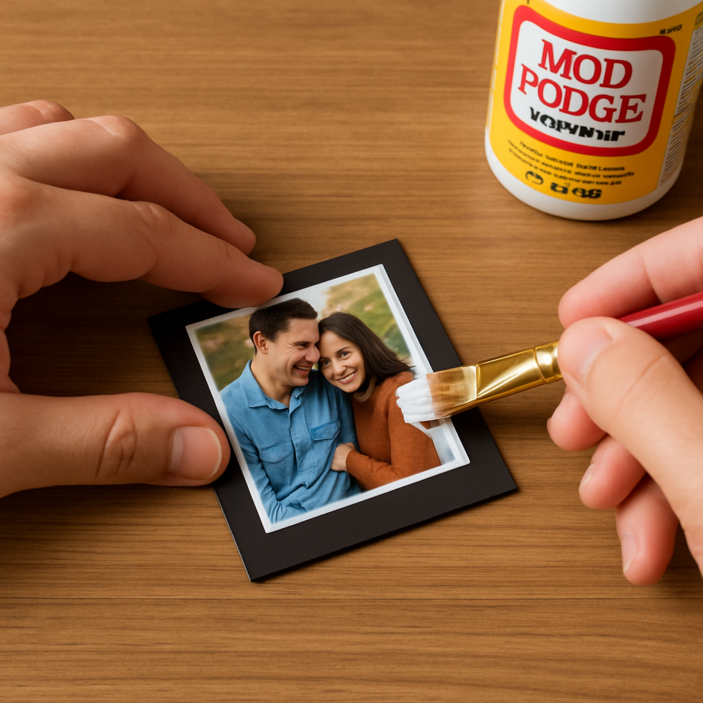 A close‑up of hands pressing a printed photo onto a magnet sheet, sealing edges with a brush of Mod Podge. Alt: Assembling small photo magnets step by step.