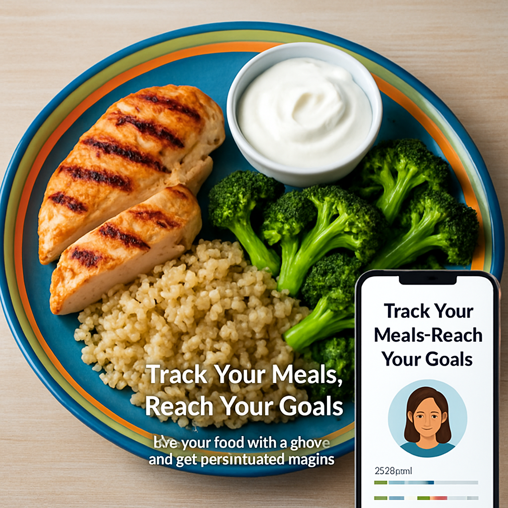 A colorful plate with grilled chicken, quinoa, roasted broccoli, and a side of Greek yogurt. Alt: 1200 calorie high protein meal plan balanced plate.