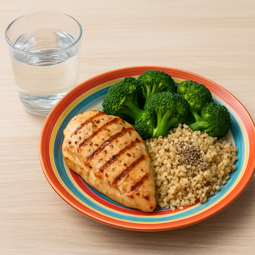 A glass of water next to a colorful plate of grilled chicken, quinoa, steamed broccoli, and a sprinkle of chia seeds. Alt: Hydration and micronutrient boosters for a 1200 calorie high protein meal plan