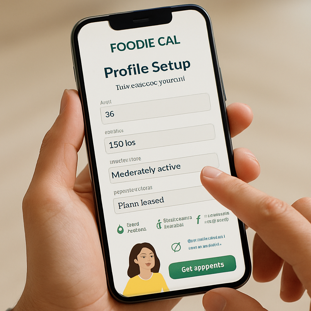 A person setting up their Foodie Cal profile on a smartphone, showing fields for age, weight, activity level, and diet preferences. Alt: ai food tracker app profile setup.