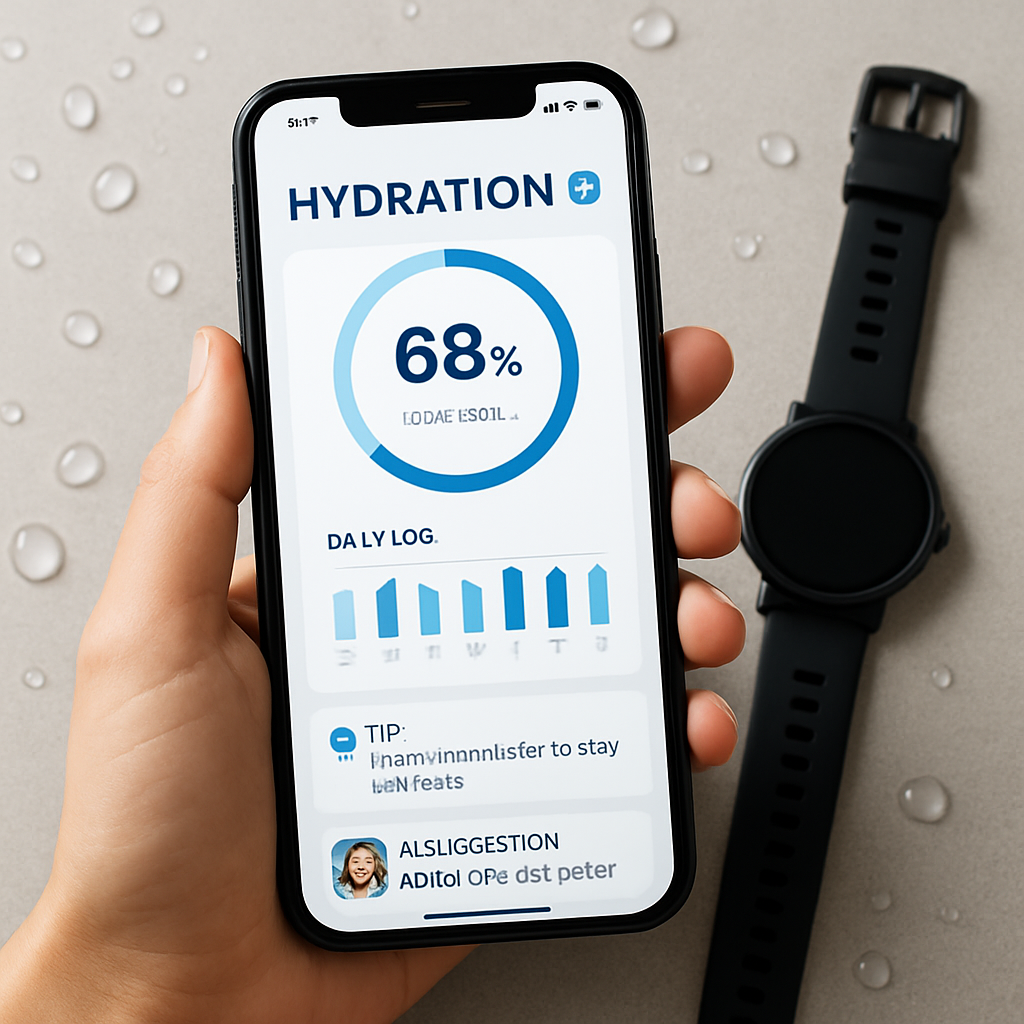 A person holding a smartphone showing the hydration dashboard of the app, with water droplets and a fitness watch nearby. Alt: ai food tracker app hydration tracking with fitness sync.