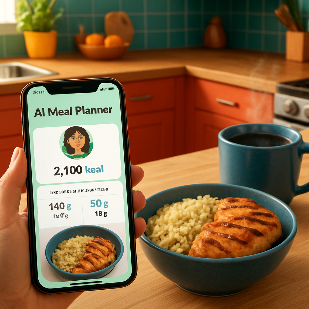 A vibrant kitchen scene showing a phone displaying an AI meal planner app with macro breakdowns, a bowl of quinoa, grilled chicken, and a steaming cup of coffee. Alt: ai meal planner with macros macro tracking kitchen.
