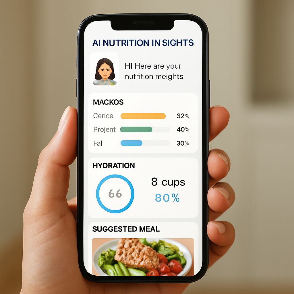 A user reviewing AI-generated nutrition insights on a phone screen, showing macro charts and hydration data. Alt: ai meal planner with macros review dashboard