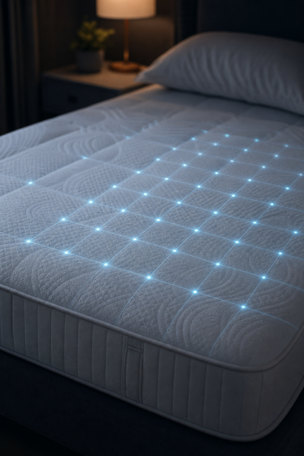 A photorealistic closeup of a smart mattress surface with embedded sensor grid, showcasing the technology in a dimly lit bedroom. Alt: Smart bed sensor technology for sleep tracking.