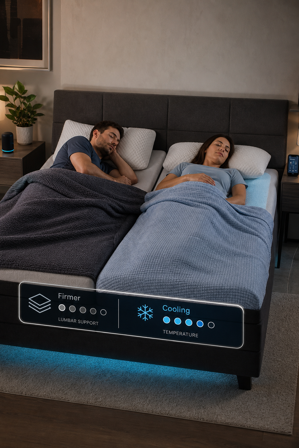 A photorealistic image showing a couple sleeping on a smart bed with different comfort zones, one side adjusting firmness and the other cooling. Alt: Couple using smart bed with adjustable firmness and temperature zones.