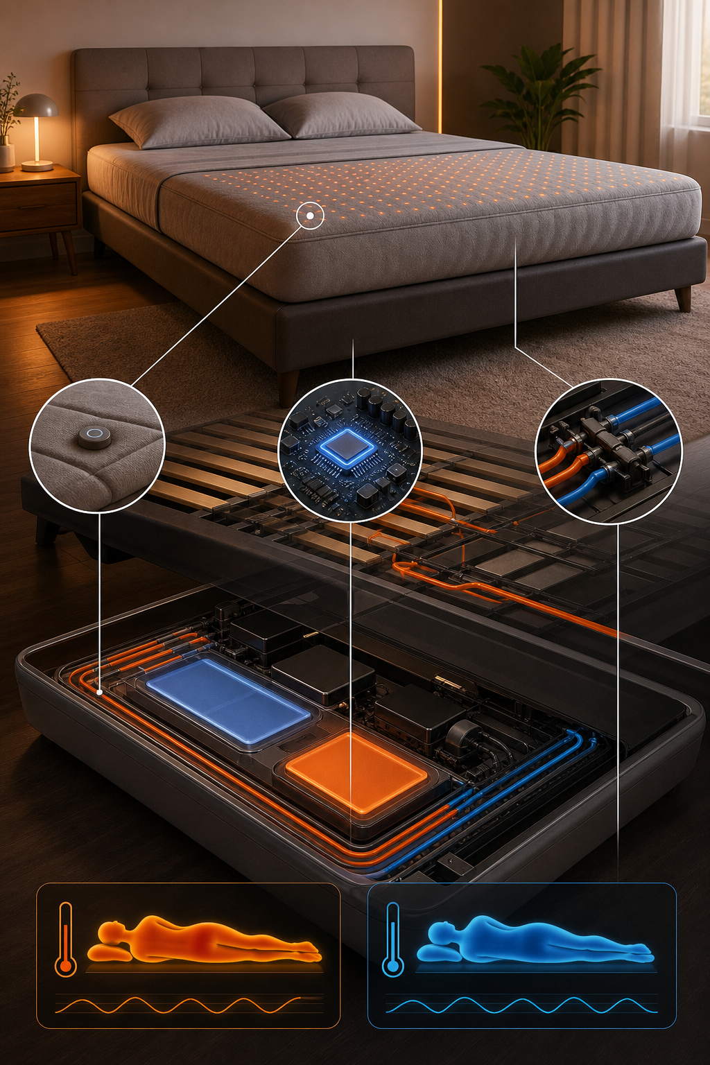 A realistic illustration of a smart bed system showing sensors, AI chip, and temperature controls. Alt: smart bed technology diagram.