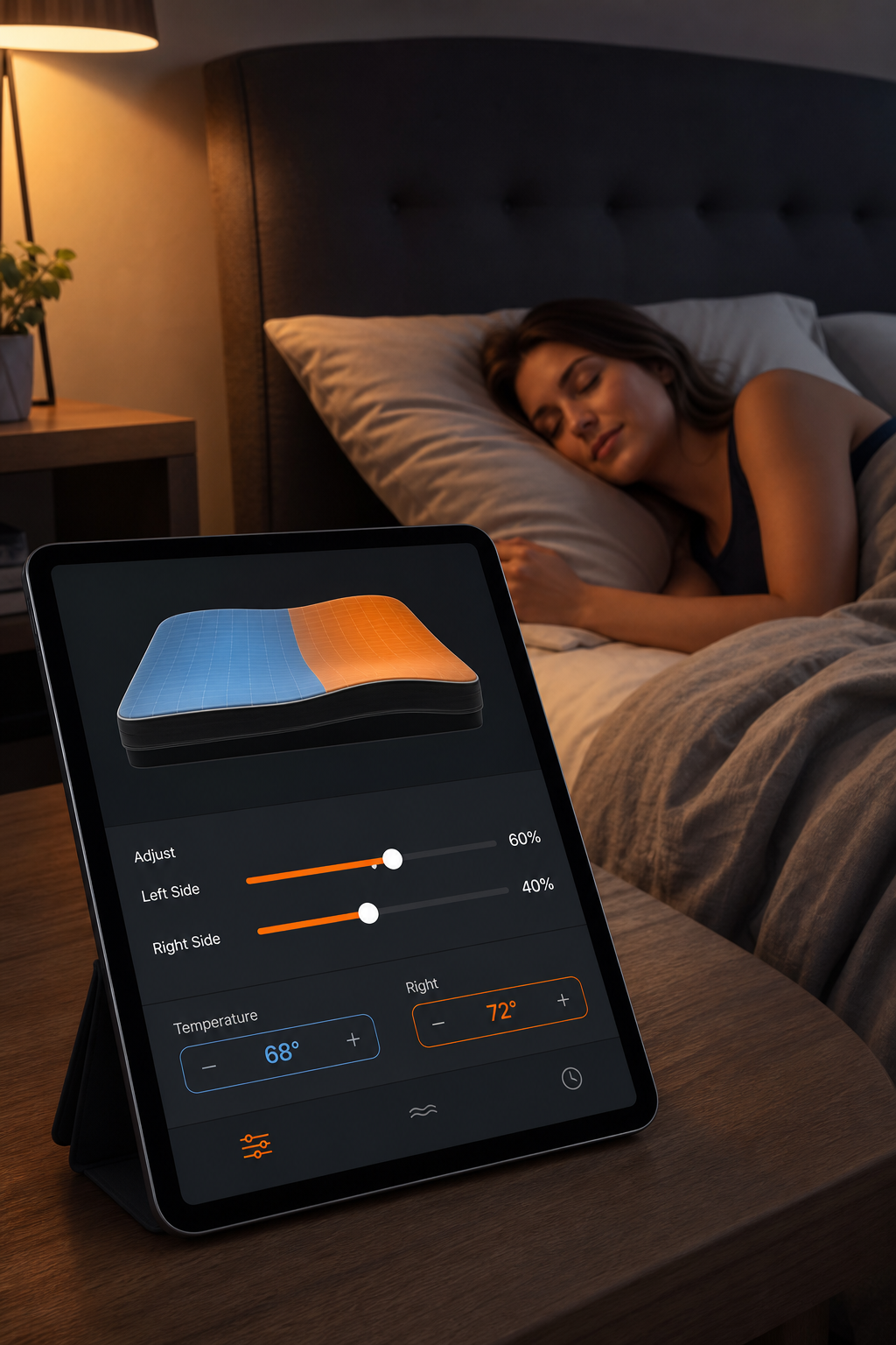 A realistic scene of a bedroom with a smart bed interface on a tablet, showing adjustable zones and temperature settings. Alt: smart bed user interface.