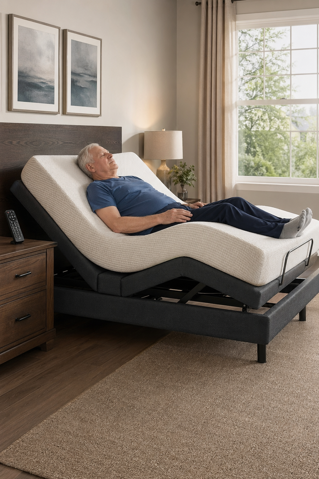A photorealistic image of a modern adjustable bed in a senior's bedroom, showing the head and foot sections improved, with a remote on the nightstand. Alt: Adjustable bed functions for seniors zero gravity position.