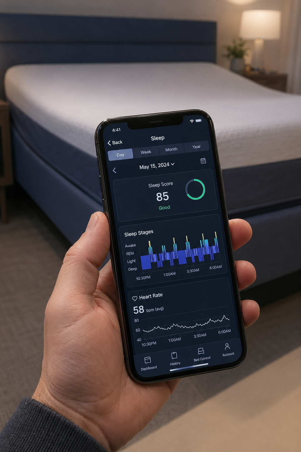 A photorealistic close-up of a smartphone app displaying sleep data like heart rate and sleep stages, with a smart bed visible in the background under soft lighting. Alt: Smart bed sleep tracking app for seniors.
