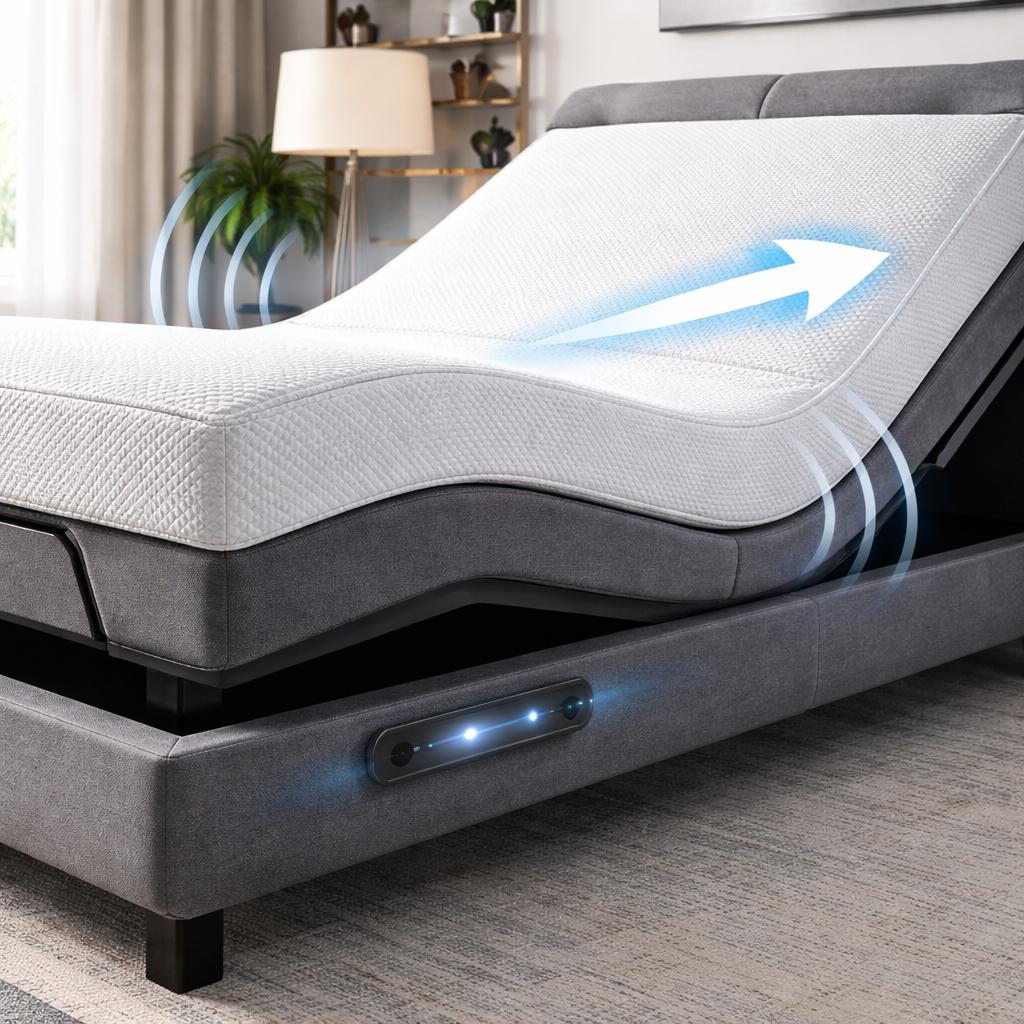 A realistic illustration of a smart bed base with a tiny microphone and sensor array detecting snoring, showing a subtle head‑raise motion. Alt: smart bed snore detection visual