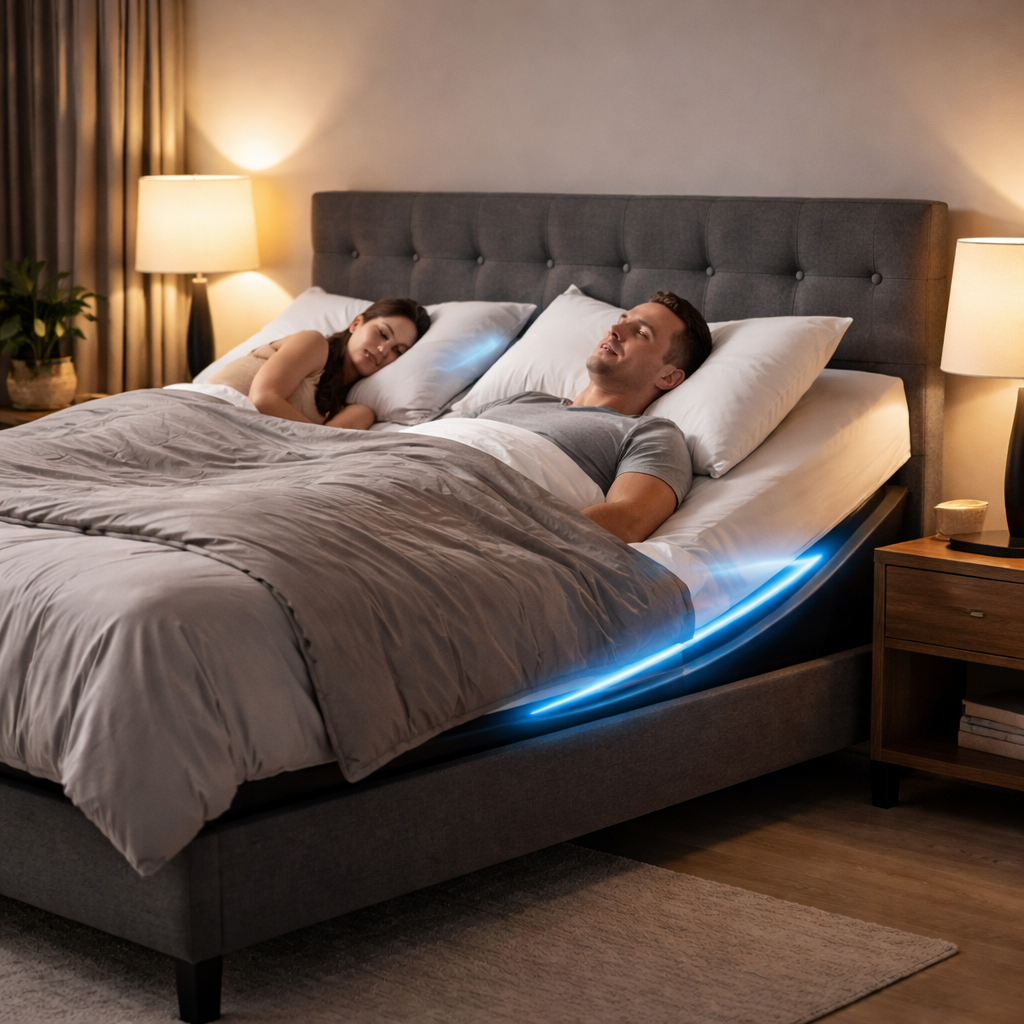 A realistic bedroom scene showing a modern smart bed with a subtle head‑raise animation, highlighting the snore‑stop feature. Alt: smart bed auto head raise for snoring