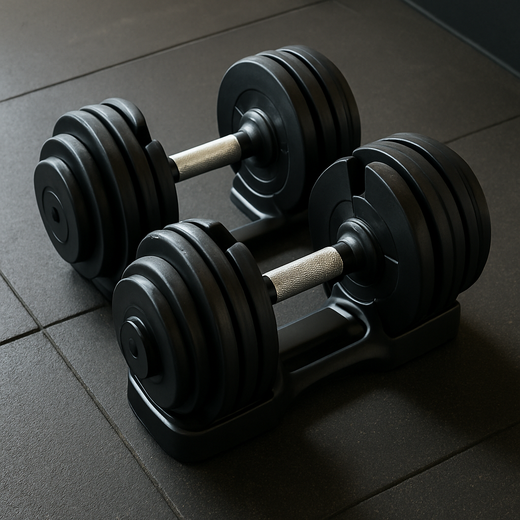 A compact set of adjustable dumbbells on a small home gym floor, showing weight plates sliding into the handles. Alt: Adjustable dumbbells for budget home gym equipment