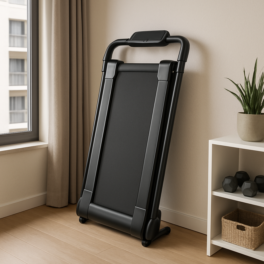 A sleek, folded compact treadmill leaning against a wall in a small apartment, showing the thin profile and easy storage. Alt: Compact treadmill for budget home gym equipment
