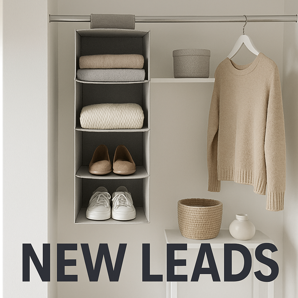 A sleek, modern closet with hanging shelf organizers stacked vertically, holding folded sweaters, shoes, and decorative baskets on a minimalist side table. Alt: Closet organization ideas for small spaces featuring hanging shelf organizers and vertical storage.