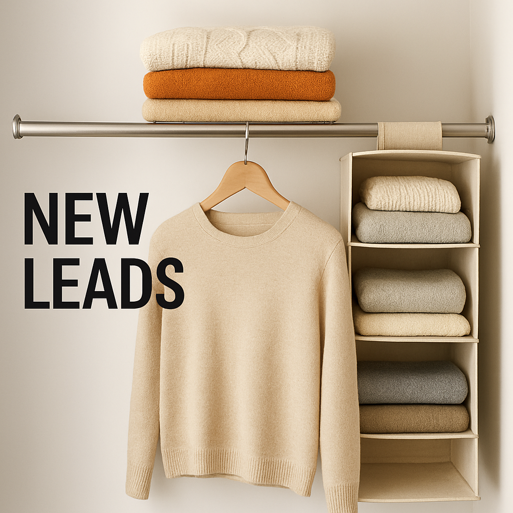 A slim, brushed-metal closet rod holding folded seasonal sweaters and a hanging organizer, showcasing organized small-space closet. Alt: Slim rod for seasonal clothing in a compact closet.