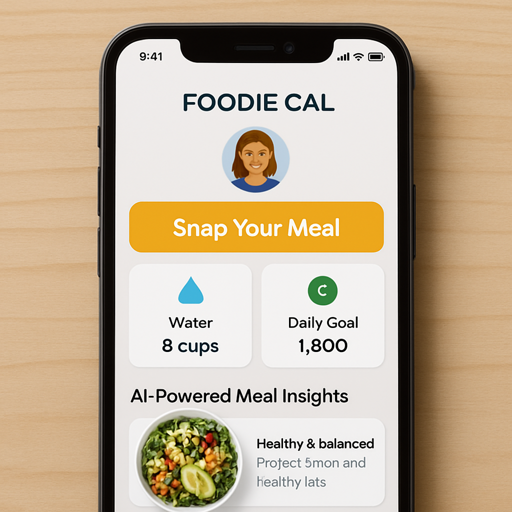 A smartphone screen showing the Foodie Cal app’s home screen with a bright “Snap Your Meal” button, surrounded by icons for water intake and daily calorie goal. Alt: photo calorie counter app dashboard with easy‑to‑use interface.