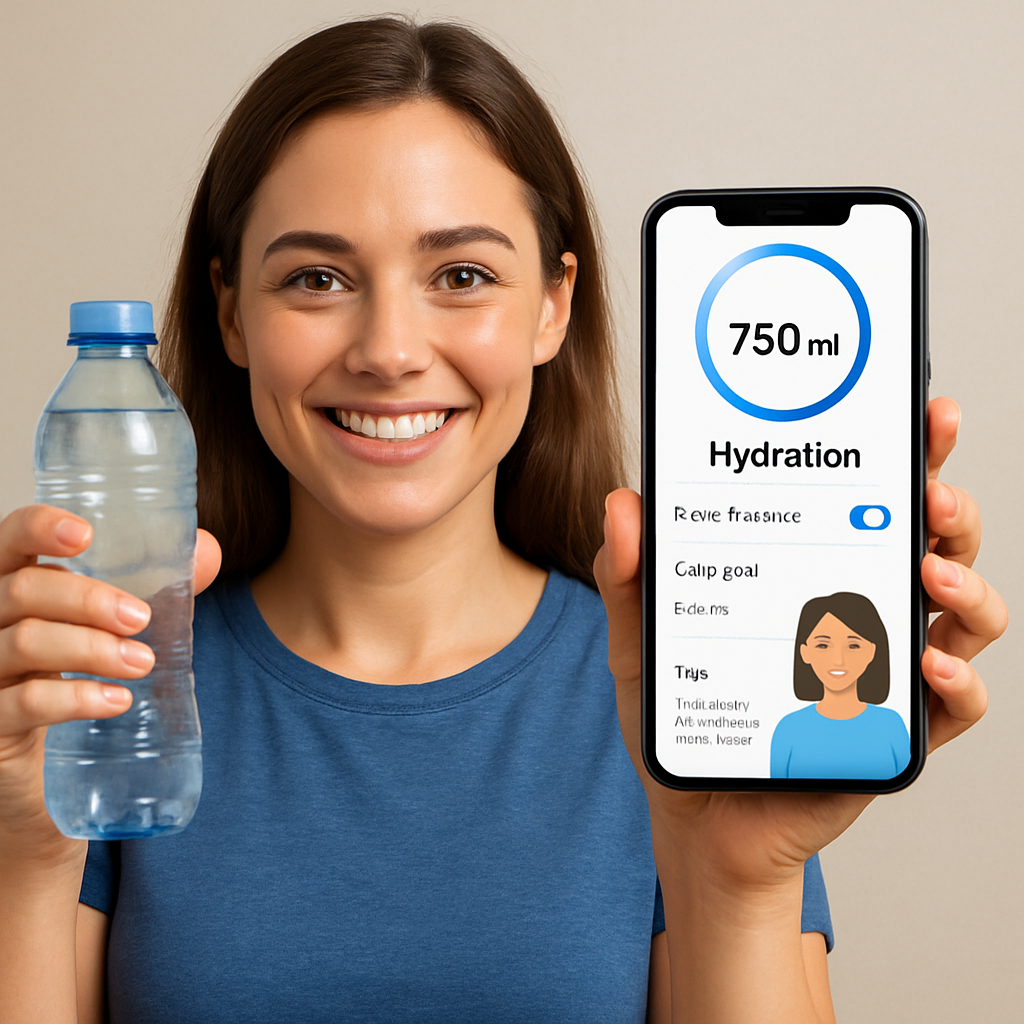 A friendly animated avatar holding a water bottle next to a smartphone displaying the hydration dashboard. Alt: Photo calorie counter app avatar encouraging water intake.
