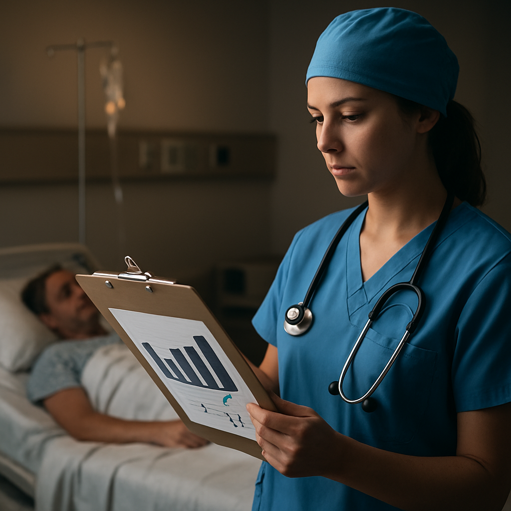 A nurse holding a clipboard with a simple bar chart and checkmarks, standing beside a hospital bedside. Alt: Nurse reviewing SMART goal progress data on a printable tracker during a shift break.