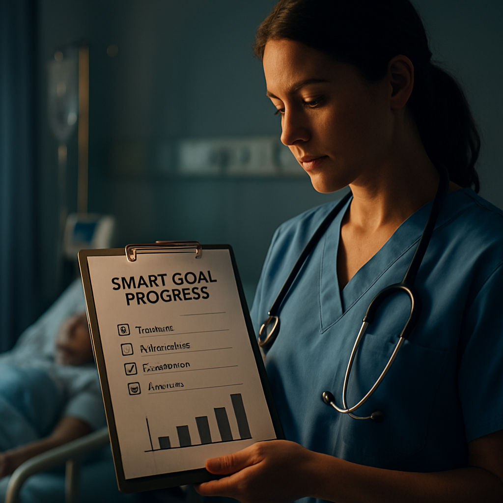 A nurse holding a clipboard with a simple checklist and a small bar chart, standing beside a hospital bedside. Alt: Nurse reviewing a SMART goal progress tracker during a shift break.
