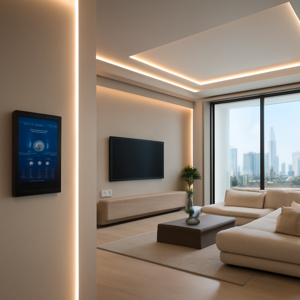 A futuristic Dubai villa interior with smart lighting and climate controls integrated into the architecture. Alt: Smart home device installation in Dubai villa