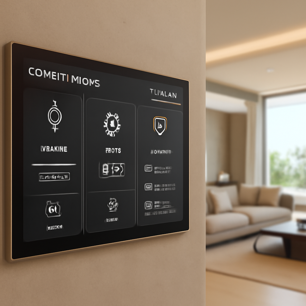 A futuristic Dubai villa interior showcasing integrated smart lighting, HVAC, and security panels. Alt: Smart home control panel in a luxurious villa.